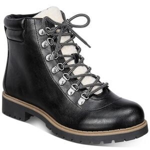 Style & Co Maariah Lace-Up Lug Sole Booties Faux Leather Faux Sherling Black 5M